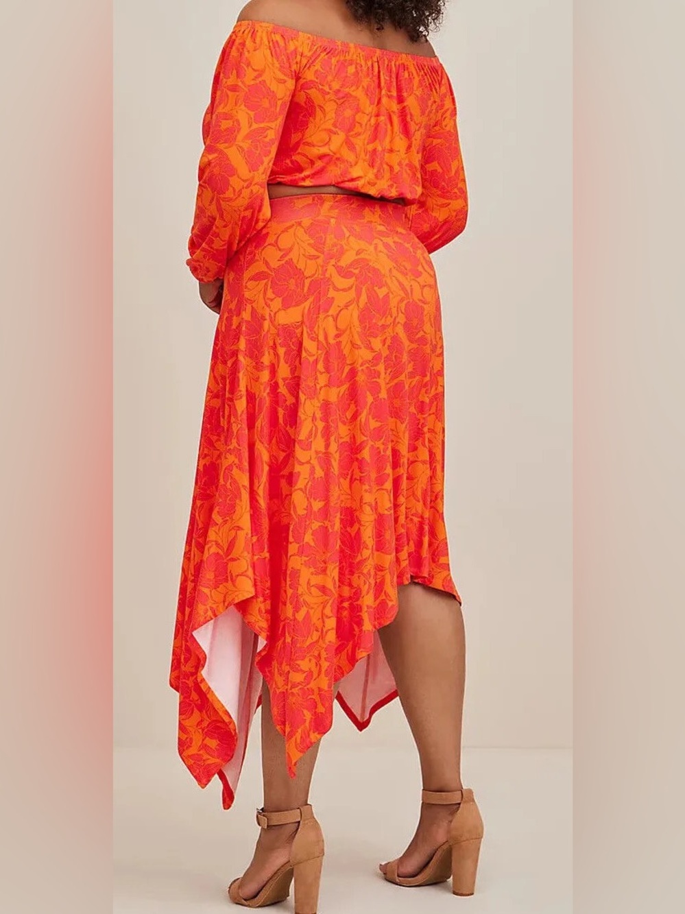 Torrid Super Soft Floral Orange Handkerchief Hem Maxi Skirt — Size 0 (Fits 1X–2X